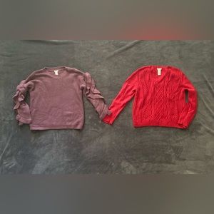 Two Winter Sweaters. 1. Purple ruffle sleeves sweater 2. Red V-neck sweater.